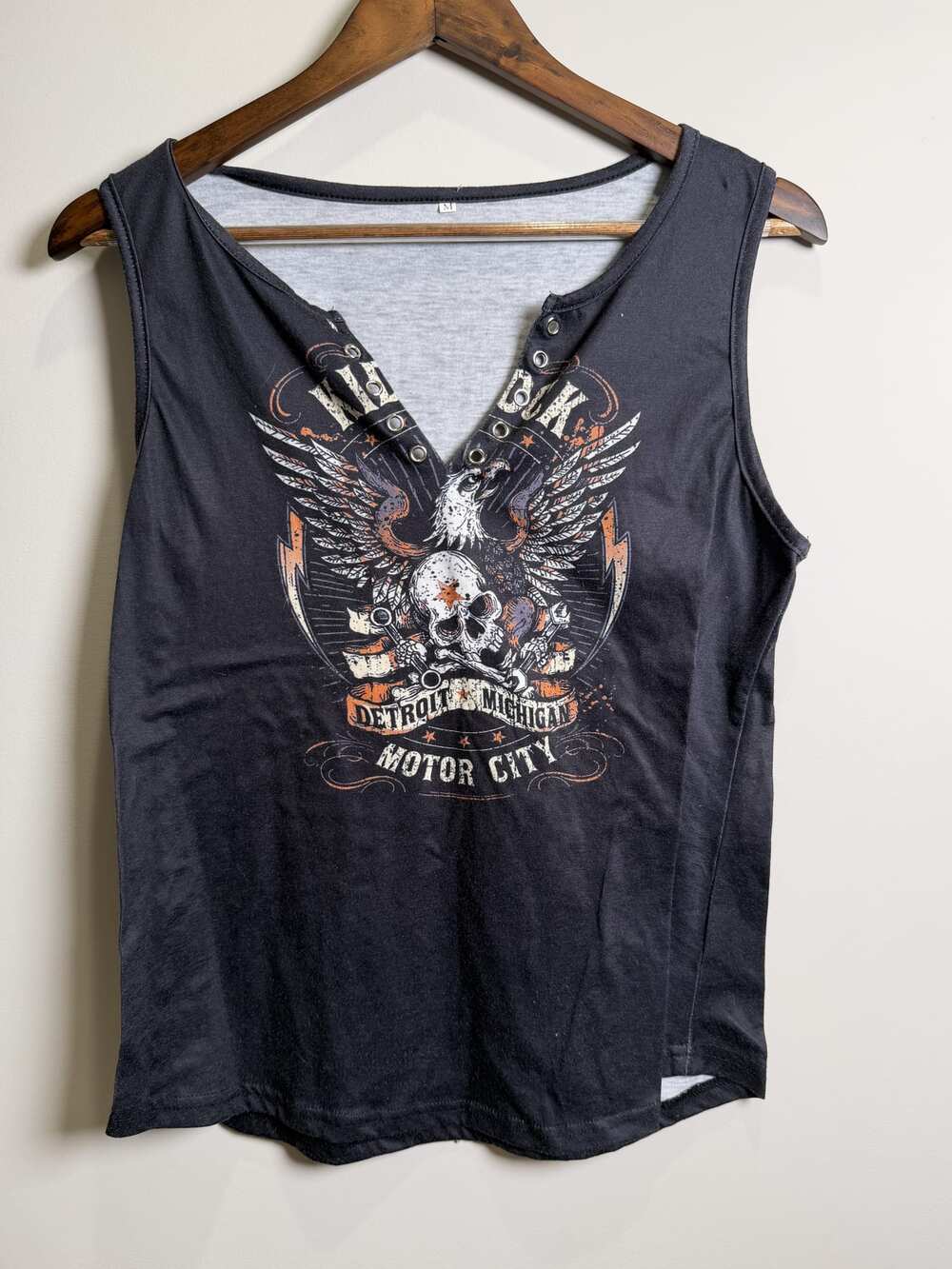 Black Graphic Sleeveless Tank Top with Lace-Up Grommet V-Neck, Size M